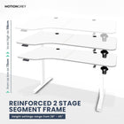 MotionGrey Ergo2 XL Adjustable Left L-Shaped Standing Desk with Memory Settings - 63" x 24" - White Top - White Frame-Supports Up to 80 kg - The Motion standing frame is reinforced with thickened steel tubing and strengthened base plates, providing a sturdy and durable platform even at the highest height setting