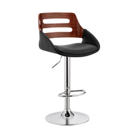 Armen Living Karter Adjustable Height Bar Stool in Black Faux Leather & Walnut Wood with Chrome Base-The wonderful full 360-degree swivel function allows for maximum mobility. The smooth glide swivel function allows you to change directions with ease, making this your new favorite stool in your home.