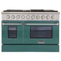 Kucht 48" KNG Series Pro Style Propane Gas Range - Stainless Steel/Green-Cook and bake like a pro with two separate ovens featuring large oven windows. The main oven is a heavy-duty blue porcelain oven with 4.2-cu-ft of capacity, while the additional side oven has 2.5-cu-ft of capacity