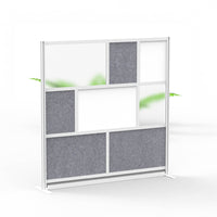 Luxor Modular Wall with Whiteboard - 70" W x 70" H - Segmented Grey Frame, Frosted Acrylic, Cool Grey PET-Creates semi permanent privacy in shared spaces