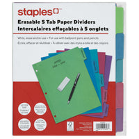 Staples Write and Erase Paper Dividers - 5 Tab - Coloured-Bright coloured paper divider sets