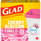 Glad Garbage Bags - X-Small 15 Litres - Red - Cherry Blossom Scent  - 52 Pack-Experience the delightful scent of blooming cherry blossoms and Febreze Freshness, with GLAD guaranteed strong trash bags. These GLAD bags deliver a continuous Cherry Blossom scent, while Febreze provides odour neutralization to help keep your house feeling fresh and clean. With a delightful pink colour, these X-Small trash bags are ideal for kitchen, bathroom, bedroom or office. Treat your home to GLAD's pleasantly scented trash 