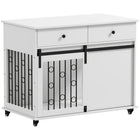 PawHut 39" L Rolling Dog Crate with 2 Storage Drawers and 2 Doors - White-Serves as a stylish end table and a cosy den for your pet 