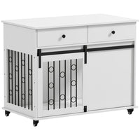 PawHut 39" L Rolling Dog Crate with 2 Storage Drawers and 2 Doors - White-Serves as a stylish end table and a cosy den for your pet 