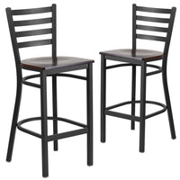 Flash Furniture HERCULES Series Black Ladder Back Metal Restaurant Barstool - Walnut Wood Seat - 2 Pack-Set of 2 Metal Dining Bar Stools