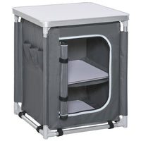 Outsunny Camping Kitchen Station with 2-Shelf and Carrying Bag for BBQ Party Picnics Backyards - Grey-Flat MDF table top for a reliable preparation space. Rounded corners for safety