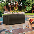 Suncast Resin Wicker Deck Box - 73 Gal. - Java-Reinforced lid offers unique seating and storage solution.