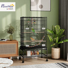 PawHut 43" H Rolling Bird Cage with Toys, Removable Tray and Storage Shelf - Black-Two large doors and eight small doors for easy access 
