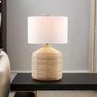 Hudson&Canal Jolina 27" Tall Oversized/Rattan Table Lamp with Fabric Shade - Natural Rattan/White-Paired with a white drum fabric shade