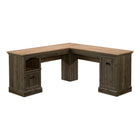 Sauder Sonnet Springs L-Desk - Pebble Pine-Flip-down molding reveals slide-out keyboard/mouse shelf