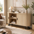 HOMCOM 55" Fluted Modern Sideboard Buffet Cabinet with Sliding Doors - Natural Wood-3-level adjustable shelves offer flexible storage for diverse items