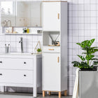 Kleankin Tall Slim Bathroom Storage Cabinet with Adjustable Shelf - White-Features 2 cabinets, 1 open shelfs and a drawer for lots of storage and organization   