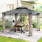 Outsunny 10 ft W x 12 ft L Double Roof Hardtop Gazebo with Nettings Curtains - Khaki-Combined metal and aluminum frame provides more excellent stability and robustness