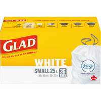 Glad White Garbage Bags ForceFlex Drawstring, Febreze Fresh Clean Scent - 25L - 36 Pack-SMALL WHITE GARBAGE BAGS: 36 bags box of Glad Small 25L white garbage Bags