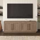 Hudson&Canal Tillman TV Stand for TV's up to 75" Antiqued Grey Oak-Constructed of sturdy MDF materials in a handcrafted Antiqued Gray Oak finish