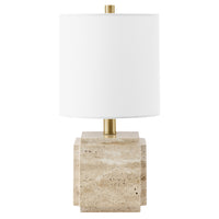 Hudson&Canal Pacha 16" Tall Stone Table Lamp with Fabric Shade - Natural Travertine-Eclectic modern design for your living room, workspace, or bedside table