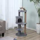PawHut 41" Cat Tree Tower with Condo, Scratching Posts and Hanging Ball - Grey-A top perch with cute ears, a condo below, a small platform, and a hanging ball 