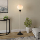 Hudson&Canal Mahdi Torchiere Floor Lamp with Glass Shade - Blackened Bronze/White Milk-Includes an 8 foot cord with foot step on/off switch