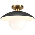 Hudson&Canal Alvia 14.5" Wide Semi Flush Mount with Metal/Glass Shade - Matte Black/Brass/White-Paired with a white milk glass globe shade