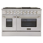 Kucht 48" KNG Series Pro Style Propane Gas Range - Stainless Steel-Cook and bake like a pro with two separate ovens featuring large oven windows. The main oven is a heavy-duty blue porcelain oven with 4.2-cu-ft of capacity, while the additional side oven has 2.5-cu-ft of capacity