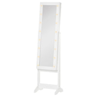 HOMCOM Lighted Mirrored Jewelry Cabinet with 16 LED Lights - 14.25" L x 11.75" W x 53.5" H - White-Solid MDF construction in white finish, black lining for protecting jewelries from scratch 