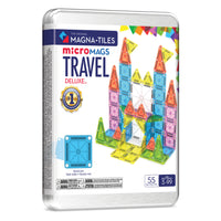 Magna-Tiles Travel Set Deluxe 55-Piece Magnetic Construction Set-What’s Included: 55 microMAGS magnetic tiles, including: 6 Right Triangles, 6 Isosceles Triangles, 8 Equilateral Triangles, 34 Squares and 1 Rectangle Baseplate. The metal tin packaging provides both convenient storage and baseplate for builds on the go