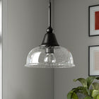 Hudson&Canal Magnolia 10.75" Wide Pendant with Glass Shade - Blackened Bronze/Seeded-Handcrafted blackened bronze finish is applied to the round metal base