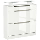 HOMCOM High Gloss Shoe Cabinet with 2 Flip Drawers & Glass Top - High Gloss White-High-gloss panels and a glass top for a modern chic style