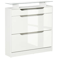 HOMCOM High Gloss Shoe Cabinet with 2 Flip Drawers & Glass Top - High Gloss White-High-gloss panels and a glass top for a modern chic style