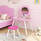 Qaba Kids Vanity Set with Mirror & Stool - Pink-Built from MDF and pine wood for lasting stability and safety
