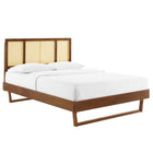 Modway Kelsea Cane and Wood Full Platform Bed with Angular Legs - Walnut-Wood, MDF, and Veneer Construction