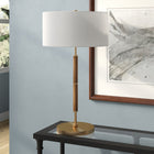 Hudson&Canal Simone 25" Tall 2-Light Table Lamp with Fabric Shade - Rustic Oak/Brass/White-Handcrafted rustic oak and brass finish is applied to the candlestick metal base