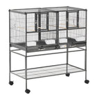 PawHut 40" H Divided Rolling Bird Cage with Removable Metal Tray and Storage Shelf - Dark Grey-The middle grate can be pulled out to make the 2 individual cages into a big cage. 