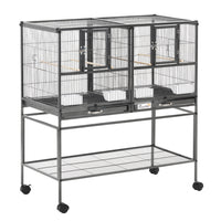 PawHut 40" H Divided Rolling Bird Cage with Removable Metal Tray and Storage Shelf - Dark Grey-The middle grate can be pulled out to make the 2 individual cages into a big cage. 