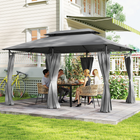 Outsunny 10 ft L x 13 ft L Double Roof Patio Gazebo with Curtains - Dark Grey-Roof designed with 12 draining holes to prevent water pooling