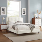 Modway Zahra Channel Tufted Performance Velvet Queen Platform Bed with Wood Legs and Gold Metal Sleeves - White-10