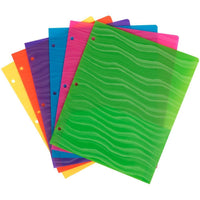 JAM Paper Heavy Duty Plastic Two-Pocket 3-Hole Punch School Folders - Assorted Wave Colours - 6 Pack-Colours: Yellow, Green, Fuchsia Pink, Purple, Blue, & Orange | Each folder features a wave design