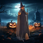 HOMCOM Animatronic Witch with Broomstick Prop Halloween Decoration-Head turns and hands wave when activated 