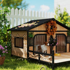 PawHut Wooden Dog House with Deck - Natural Wood-Expansive deck for lounging and napping 