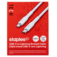 Staples TECH Lightning to USB-C Charging Cable - 6.5 ft. - White-6.5ft (2m) USB-C to Lightning Cable that can transfer data at speeds up to 480Mbps