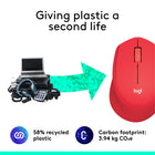 Logitech M280 Wireless Mouse - 3 Buttons - Red-Plastic parts in M280 include certified post-consumer recycled plastic (Black/Graphite: 76%, Blue/White/Grey/Red: 58%)(2)