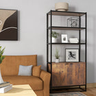 HOMCOM 5-Tier Bookcase with Doors and Open Shelves - Brown-The cupboard is easy to open with the built-in handle, door block also included 