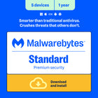Malwarebytes Standard Premium Security for Windows, MacOS, Android, iOS, Chrome - 5 Devices - 1 Year Subscription [Digital Download]-Valid email address must be provided at checkout