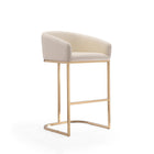 Manhattan Comfort Louvre 21" Mid-Century Modern Faux Leather Upholstered Barstool - Cream and Titanium Gold - 3 Pack-Features a gracefully curved leatherette-upholstered seat with tailored stitching, paired with a polished stainless steel base showcasing a distinctive cantilevered silhouette and subtly beveled edges for a refined, modern look