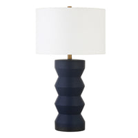 Hudson&Canal Carlin 27" Tall Ceramic Table Lamp with Fabric Shade - Matte Navy/White-Modern and contemporary design for your living room, workspace, or bed side table