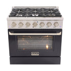 Kucht 36" KNG Series Pro Style Propane Gas Range - Stainless Steel/Black-6-burner gas range includes one 20 000 BTU dual burner featuring TrueSimmer, one 15 000 BTU burner, one 12 000 BTU burner, two 9 000 BTU burners and one 6 000 BTU low-simmer burner