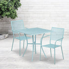 28'' Square Sky Blue Indoor-Outdoor Steel Patio Table Set with 2 Square Back Chairs [CO-28SQ-02CHR2-SKY-GG]-Sky Blue Powder Coat Finish
