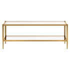 Hudson&Canal Hera 45"W Rectangular Coffee Table with Glass Shelf - Antique Brass-Features a tempered glass top and shelf