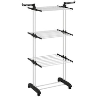HOMCOM 4-Tier Foldable Steel Laundry Rack with 4 Castors - Black-3-tier rack with two swivel side wings (14 hooks) provides a large drying area for coats, socks, and a bottom shelf for shoes 