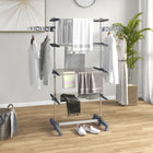 HOMCOM 4-Tier Clothes Drying Rack with Wheels for Indoor Outdoor - Grey-Features 4-tier height adjustable racks with wave clips and 2 side wings with slots 